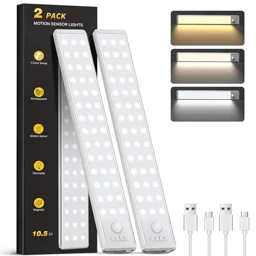 10.5" Under Cabinet Lighting, Wireless Motion Sensor Light Indoor with 3 Color Temps, Magnetic Closet Light, Dimmable Led Light, Rechargeable Under Counter Lights for Kitchen, Bedroom, Stair, 2 Pack